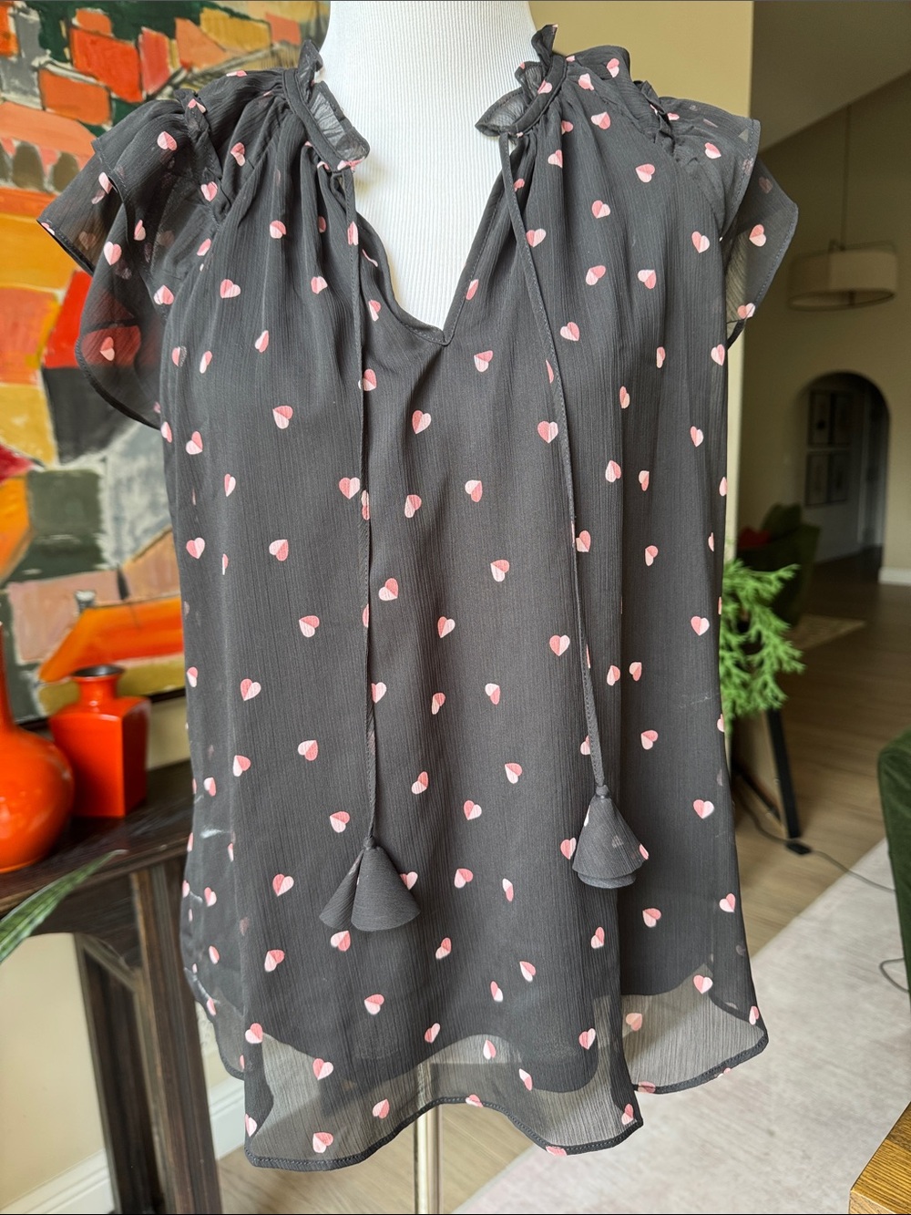 Black Ruffle Tie-Neck Blouse with Pink Heart Print
